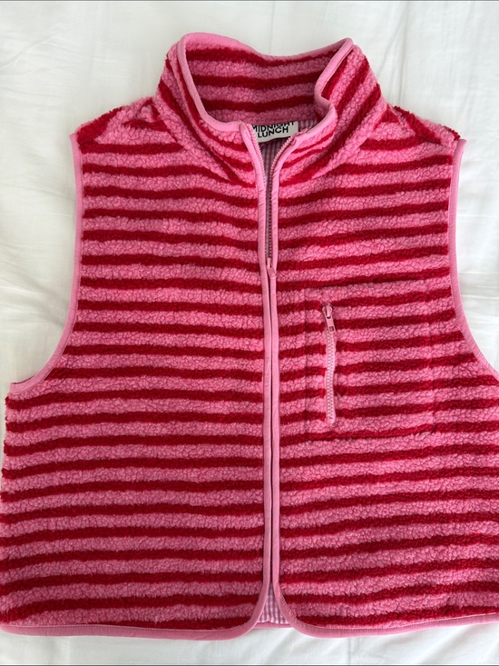 midnight lunch Jackets & Blazers - Munchkin Pink & Red Striped Sherpa Vest